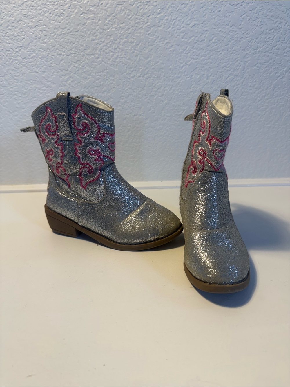 PAWZ Silver Glitter Girls Cowboy Boots with Pink Embroidery